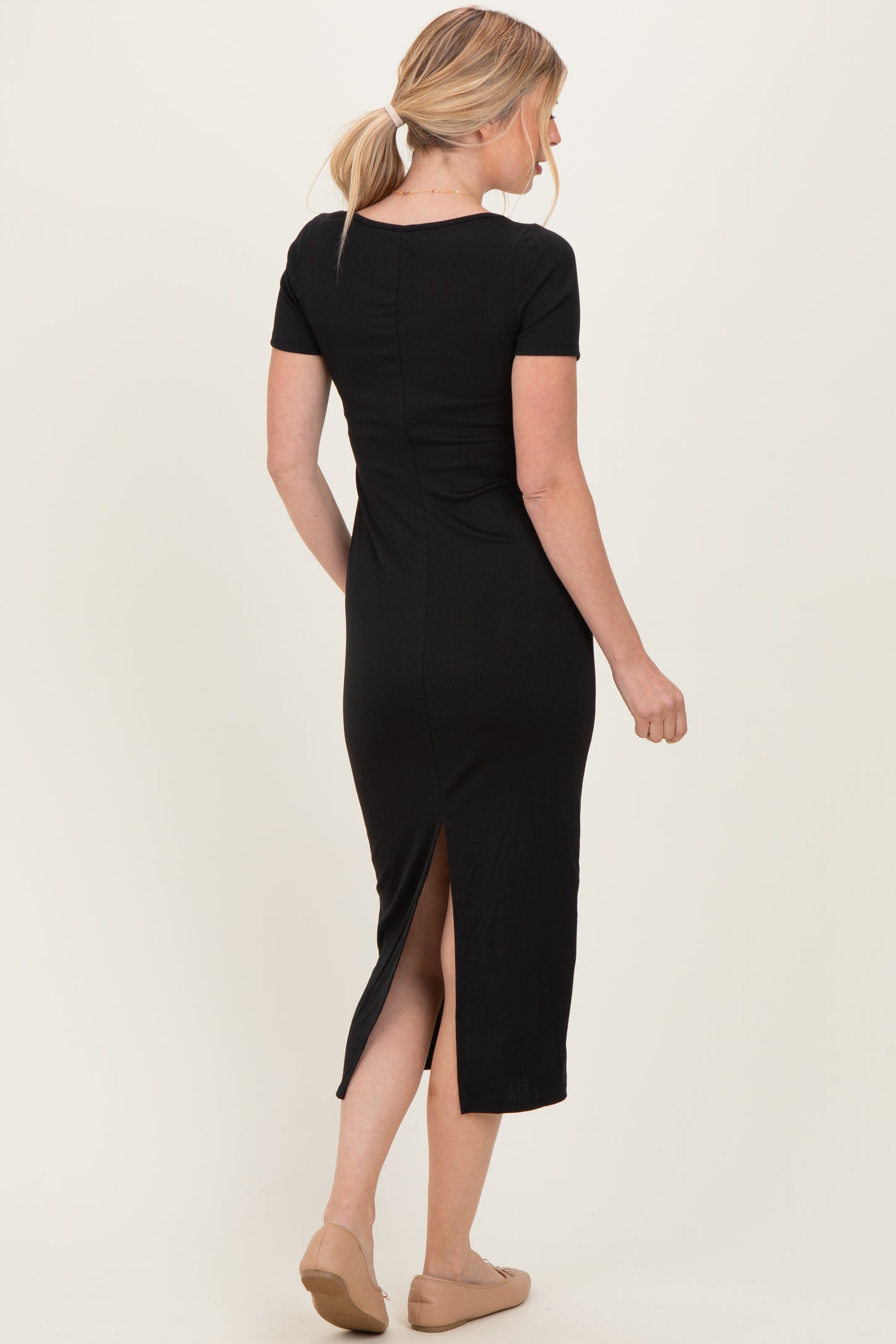 Black Ribbed Fitted Midi Dress