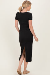 Black Ribbed Fitted Midi Dress
