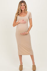 Light Taupe Ribbed Fitted Maternity Midi Dress