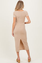 Light Taupe Ribbed Fitted Maternity Midi Dress