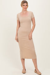 Light Taupe Ribbed Fitted Midi Dress