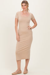 Light Taupe Ribbed Fitted Midi Dress