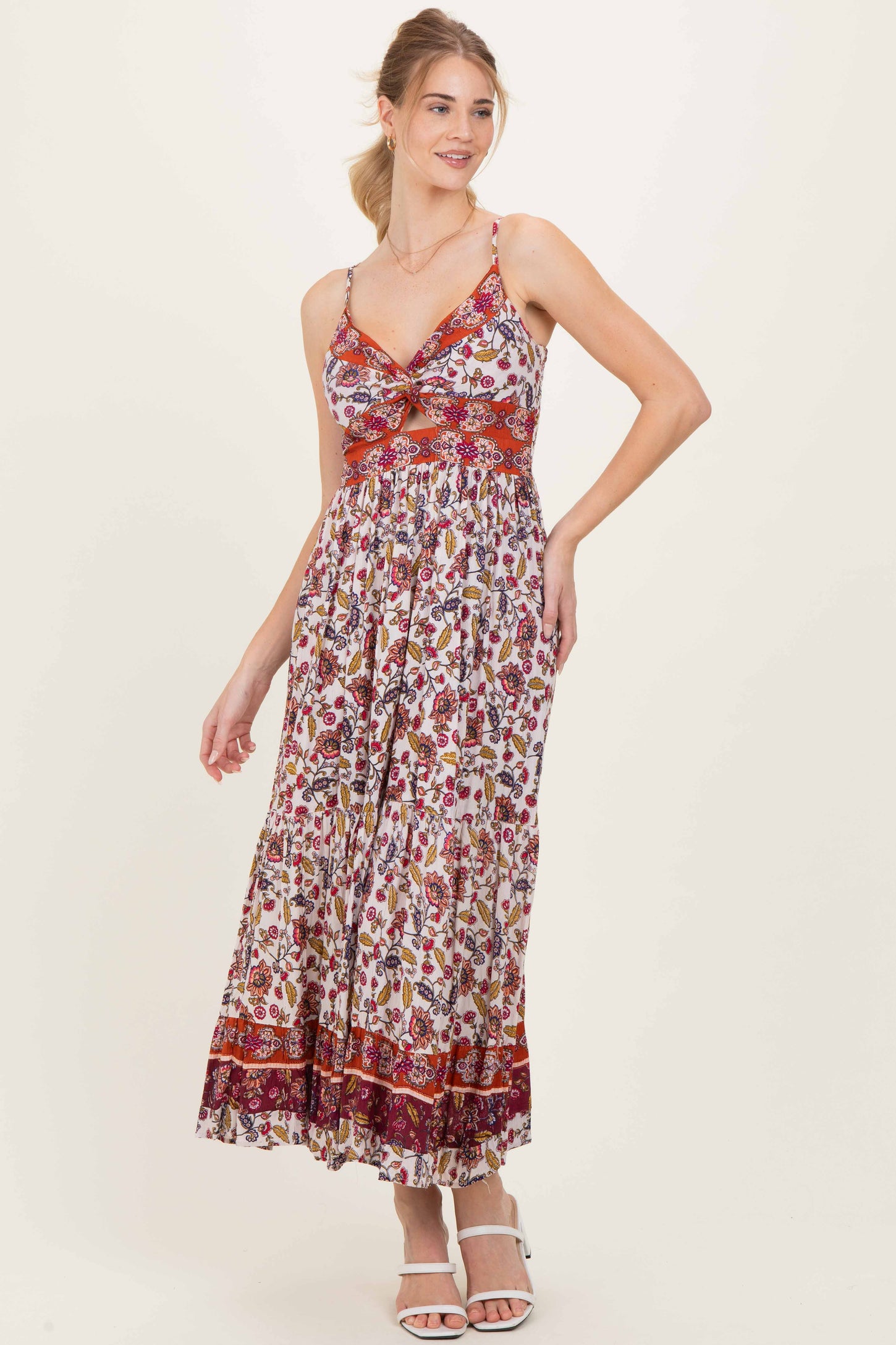 Cream Floral Twist Front Cutout Maternity Maxi Dress