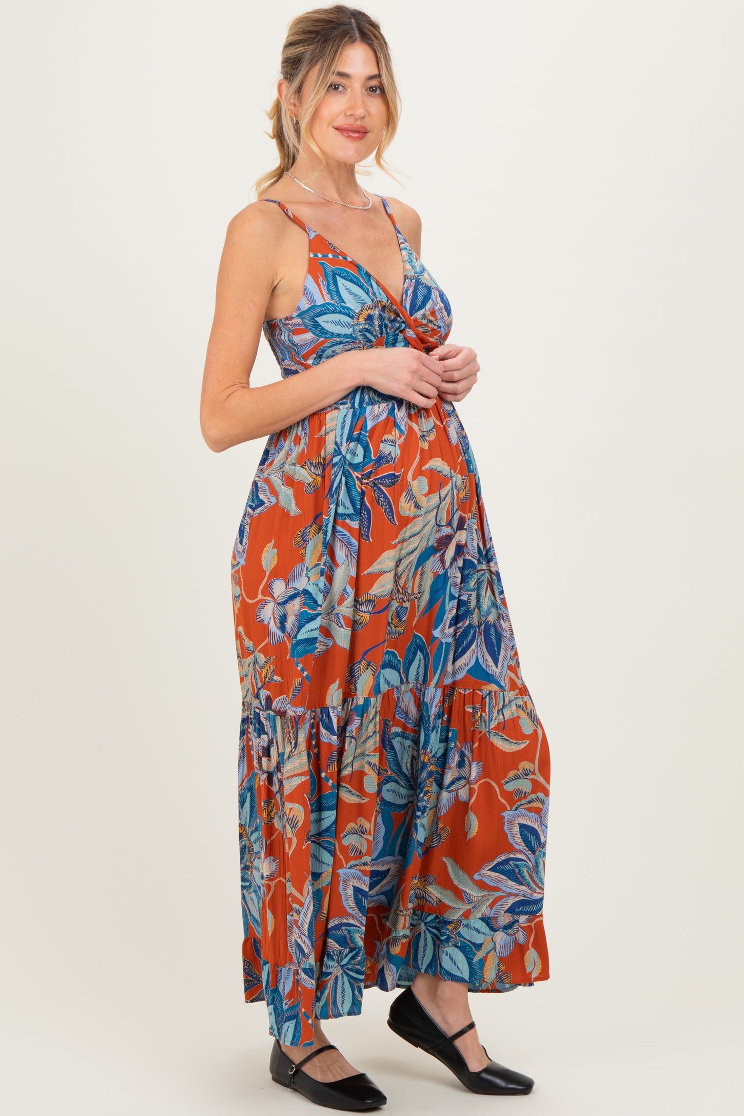 Cinnamon Floral Twist Front Cutout Maternity Maxi Dress