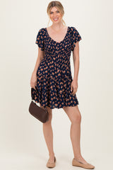 Navy Floral Smocked V-Neck Midi Dress