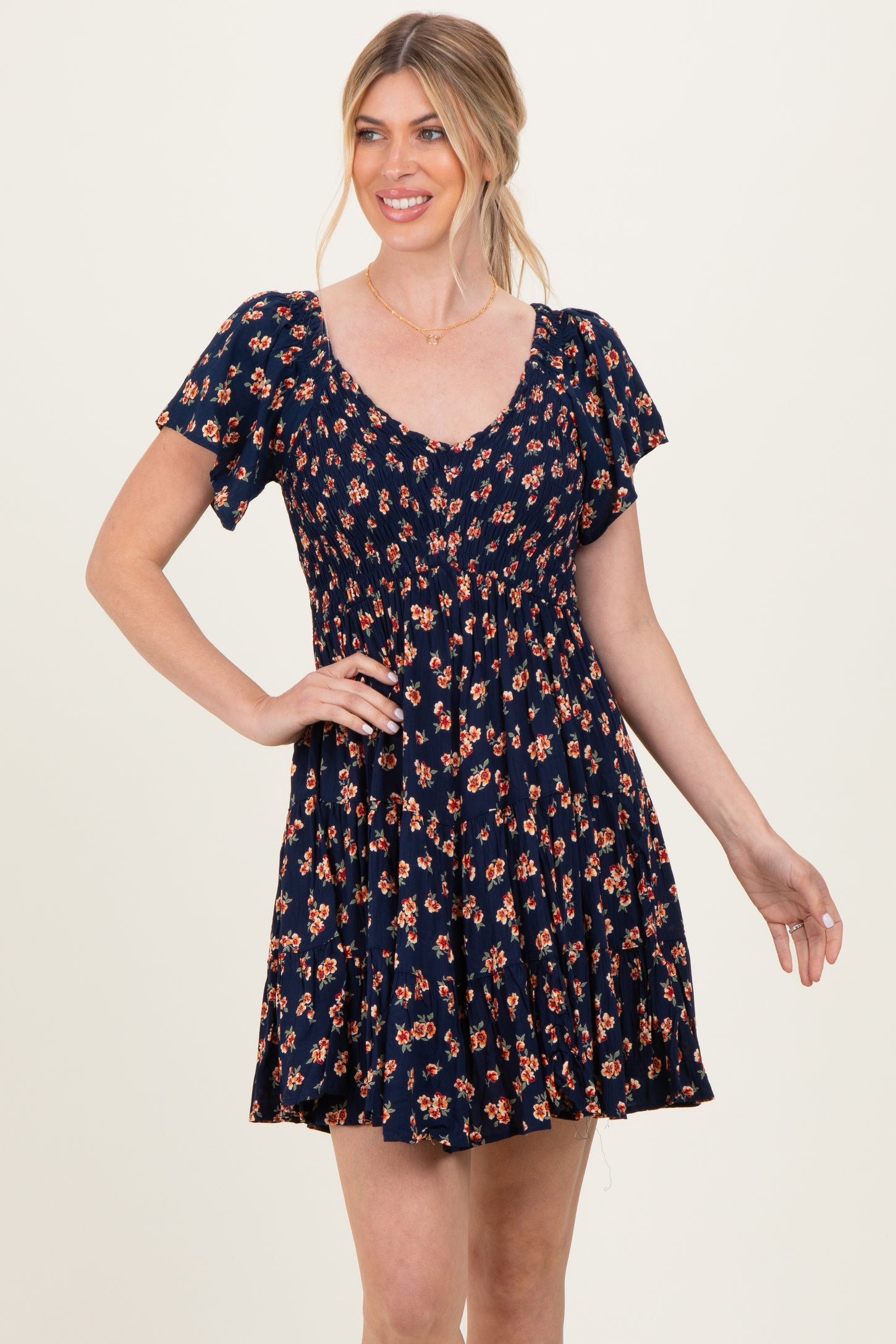 Navy Floral Smocked V-Neck Midi Dress