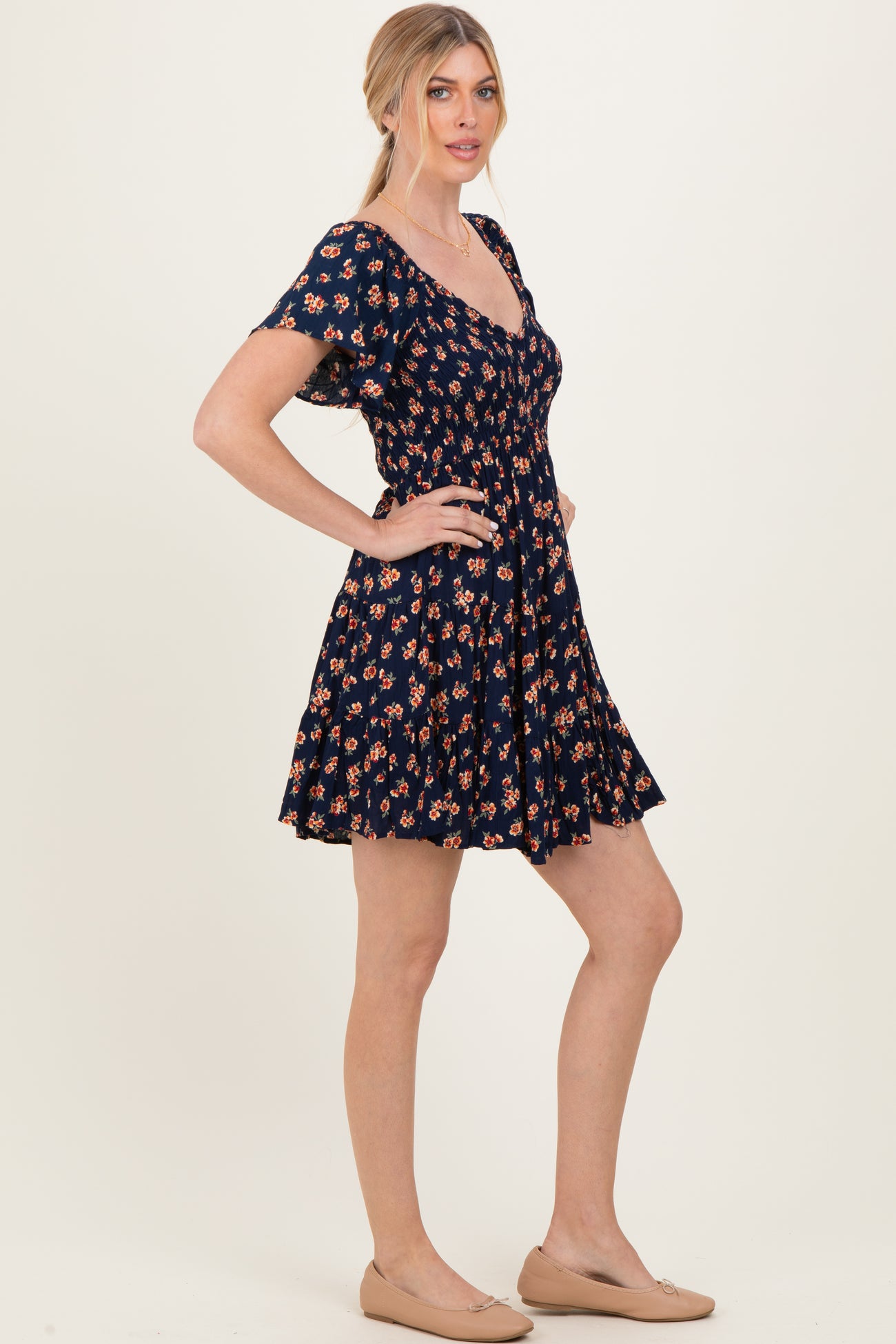 Navy Floral Smocked V-Neck Midi Dress