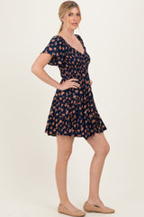 Navy Floral Smocked V-Neck Midi Dress