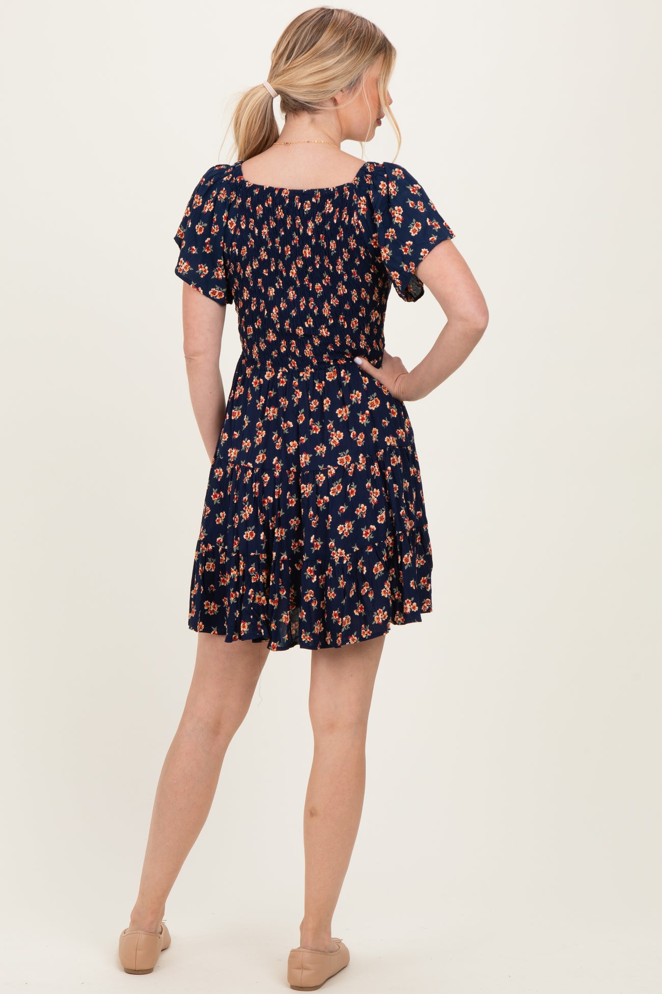 Navy Floral Smocked V-Neck Midi Dress