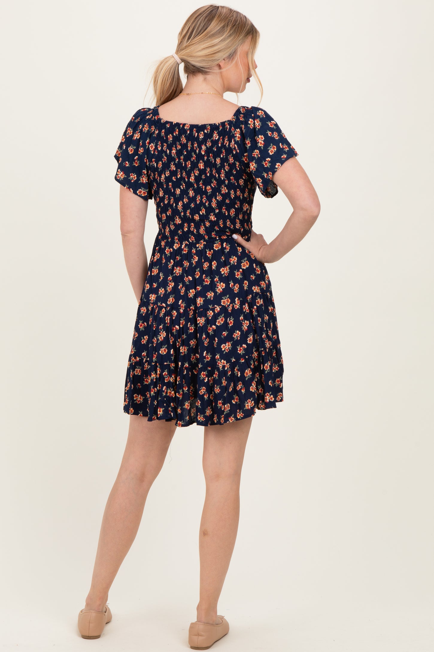 Navy Floral Smocked V-Neck Midi Dress