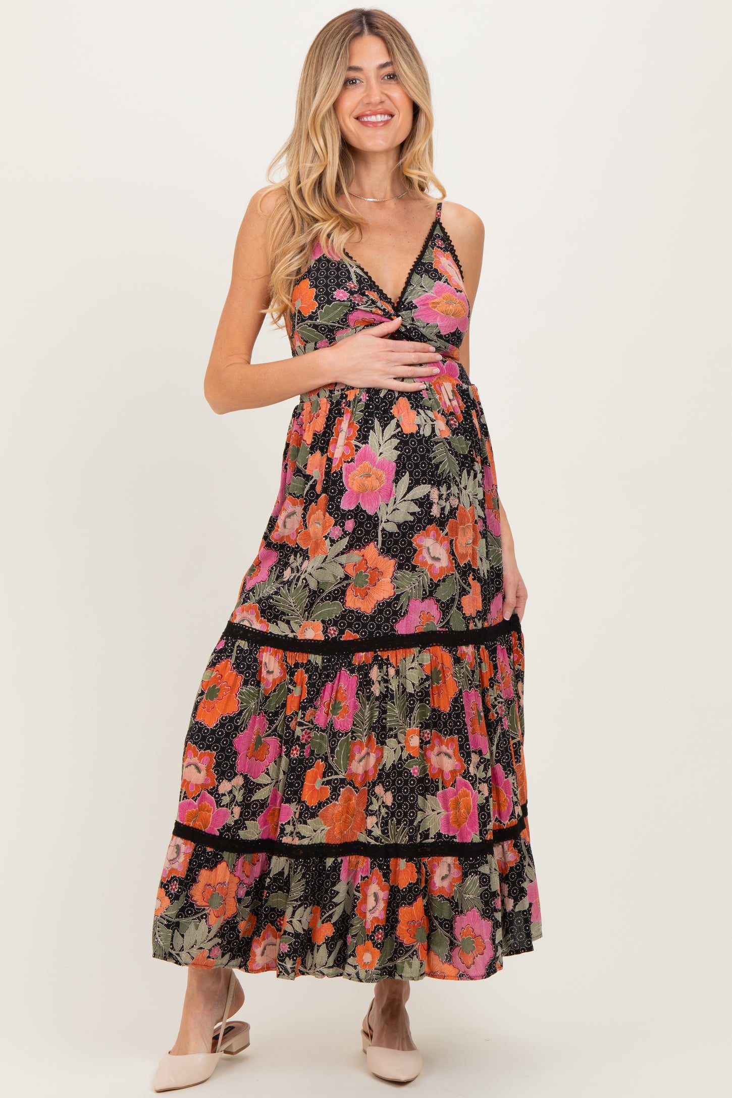 Black Floral Twisted Front Lace Detail Maternity Maxi Dress