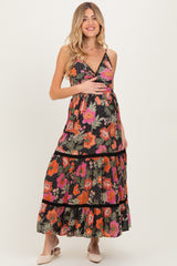 Black Floral Twisted Front Lace Detail Maternity Maxi Dress