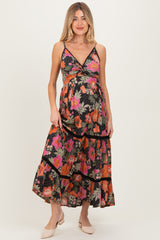 Black Floral Twisted Front Lace Detail Maternity Maxi Dress