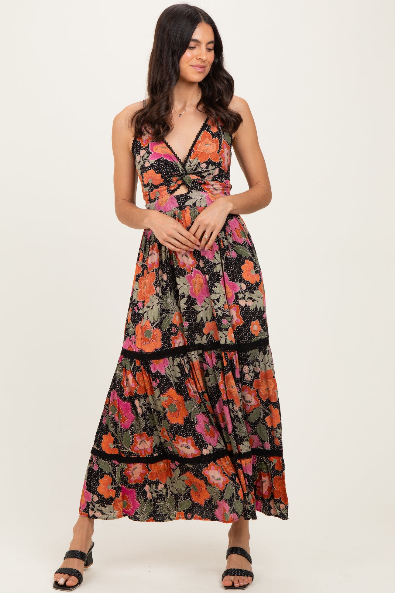 Black Floral Twisted Front Lace Detail Maxi Dress