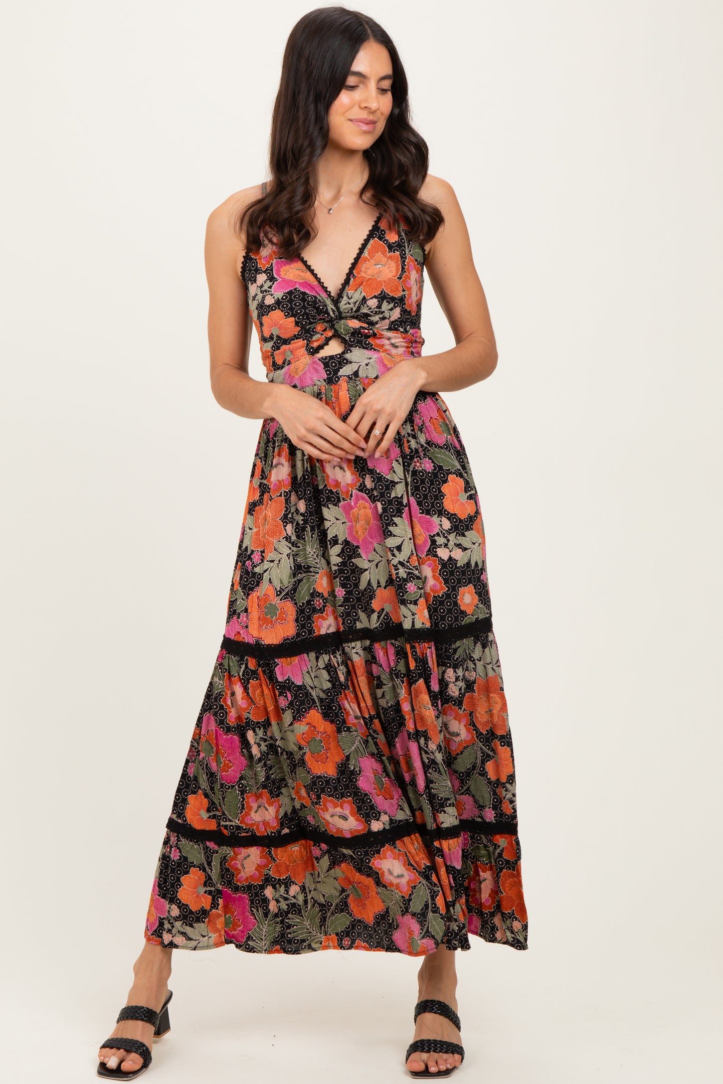 Black Floral Twisted Front Lace Detail Maxi Dress