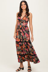 Black Floral Twisted Front Lace Detail Maxi Dress