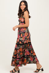 Black Floral Twisted Front Lace Detail Maxi Dress