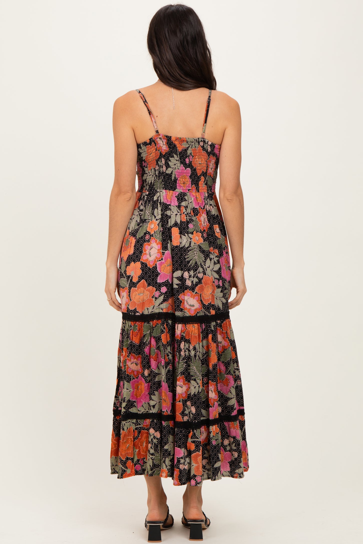 Black Floral Twisted Front Lace Detail Maxi Dress