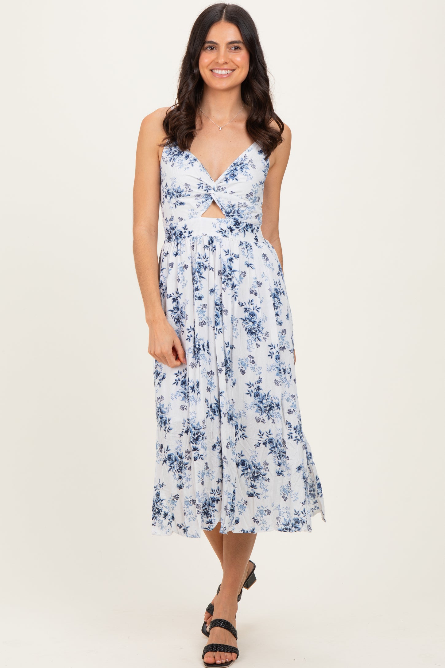 White Blue Floral Twisted Front Midi Dress