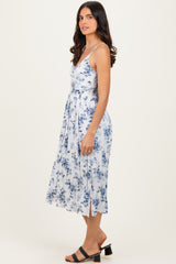 White Blue Floral Twisted Front Midi Dress