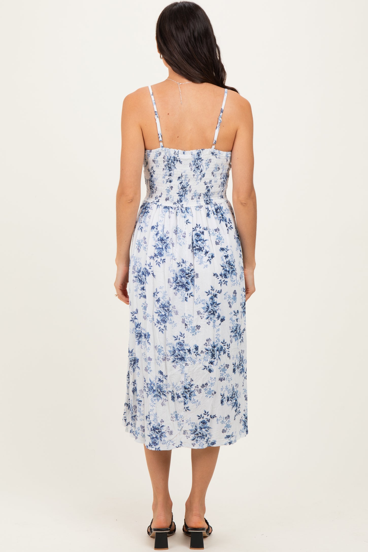 White Blue Floral Twisted Front Midi Dress