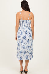 White Blue Floral Twisted Front Midi Dress