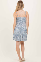 Blue Floral Smocked Sleeveless Mini Dress