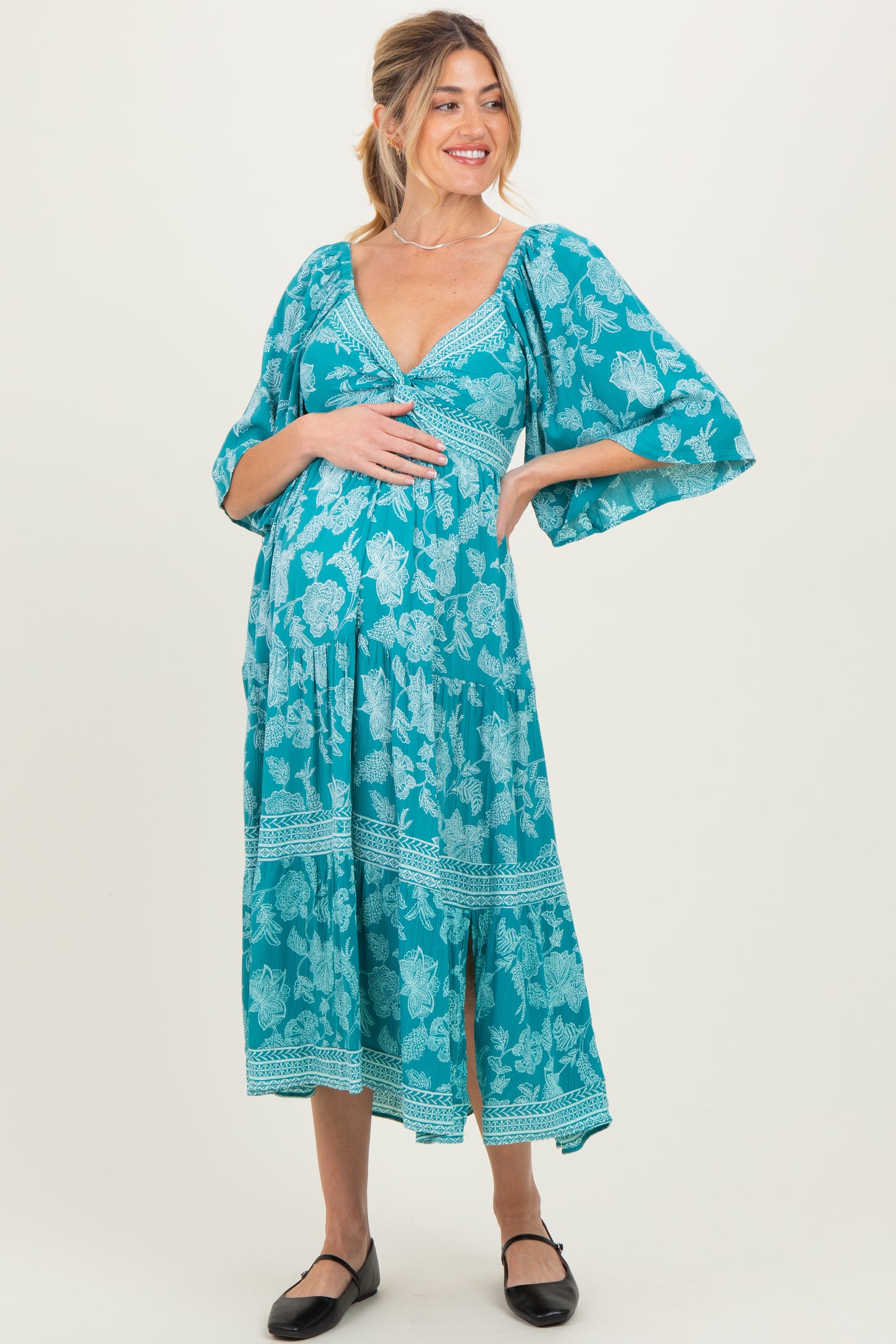 Turquoise Floral Twisted Front Flutter Sleeve Maternity Midi Dress