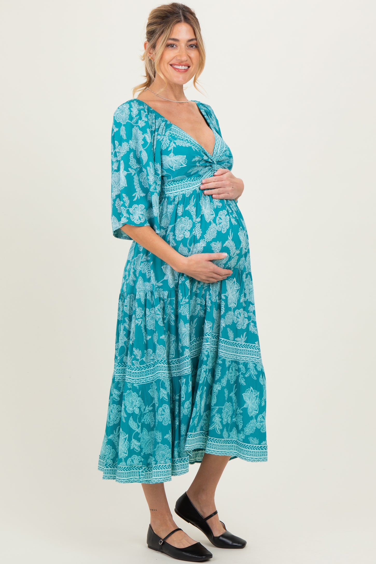 Turquoise Floral Twisted Front Flutter Sleeve Maternity Midi Dress