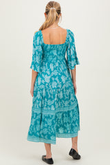 Turquoise Floral Twisted Front Flutter Sleeve Maternity Midi Dress