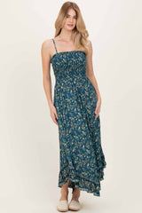 Deep Teal Floral Smocked Handkerchief Hem Dress