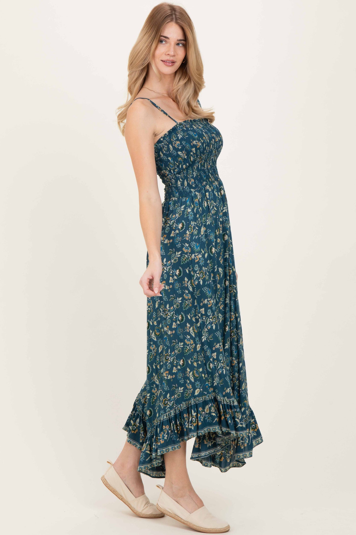 Deep Teal Floral Smocked Handkerchief Hem Dress