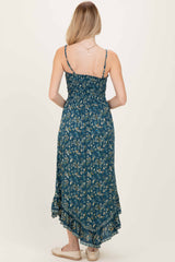 Deep Teal Floral Smocked Handkerchief Hem Dress