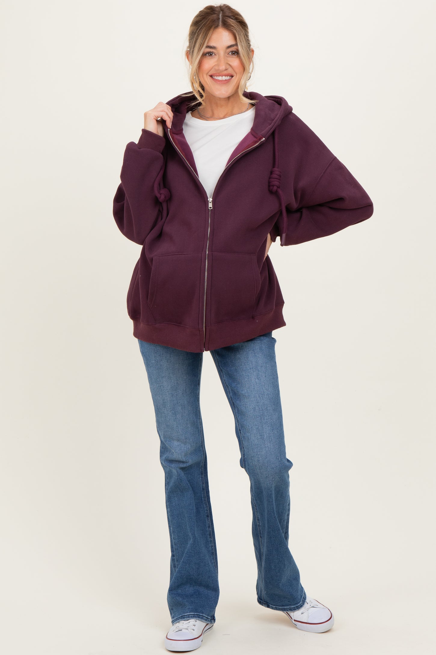 Burgundy Oversized Maternity Zip Up Hoodie