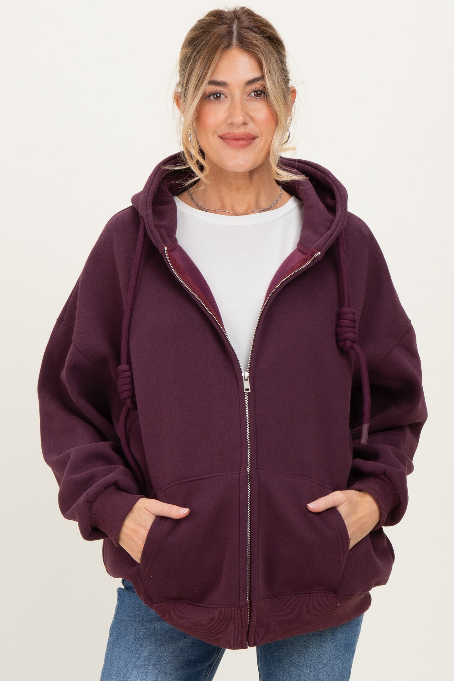 Burgundy Oversized Maternity Zip Up Hoodie