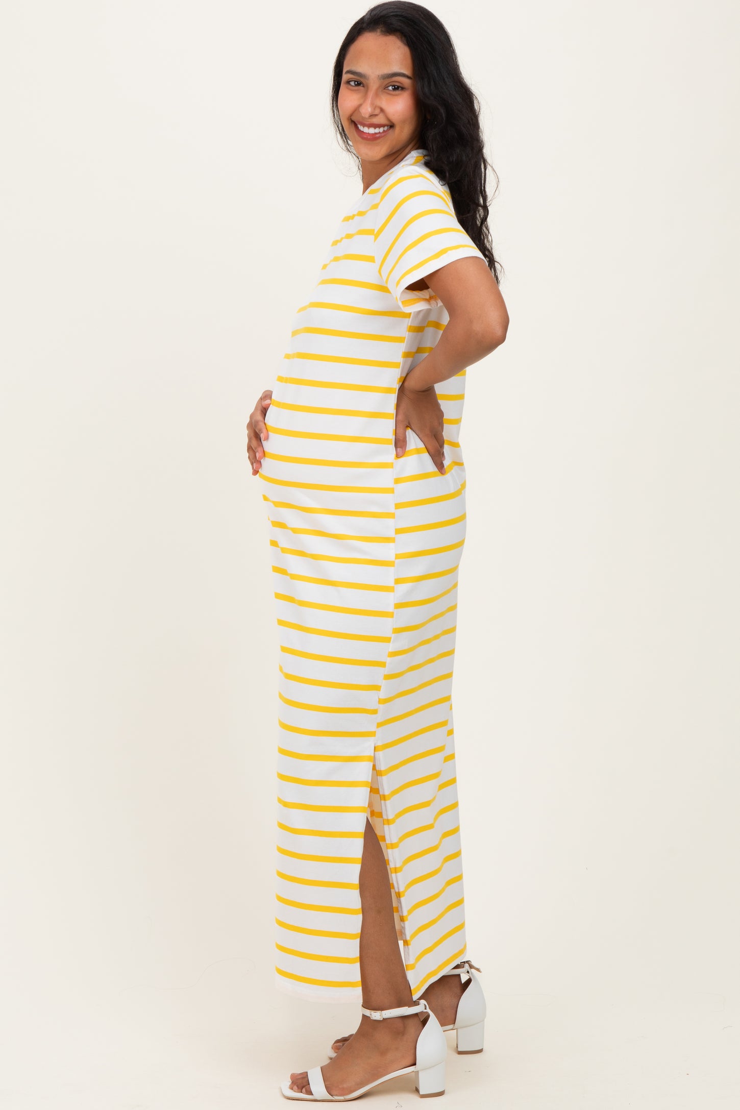 Yellow Striped Side Slit Maternity Maxi Dress