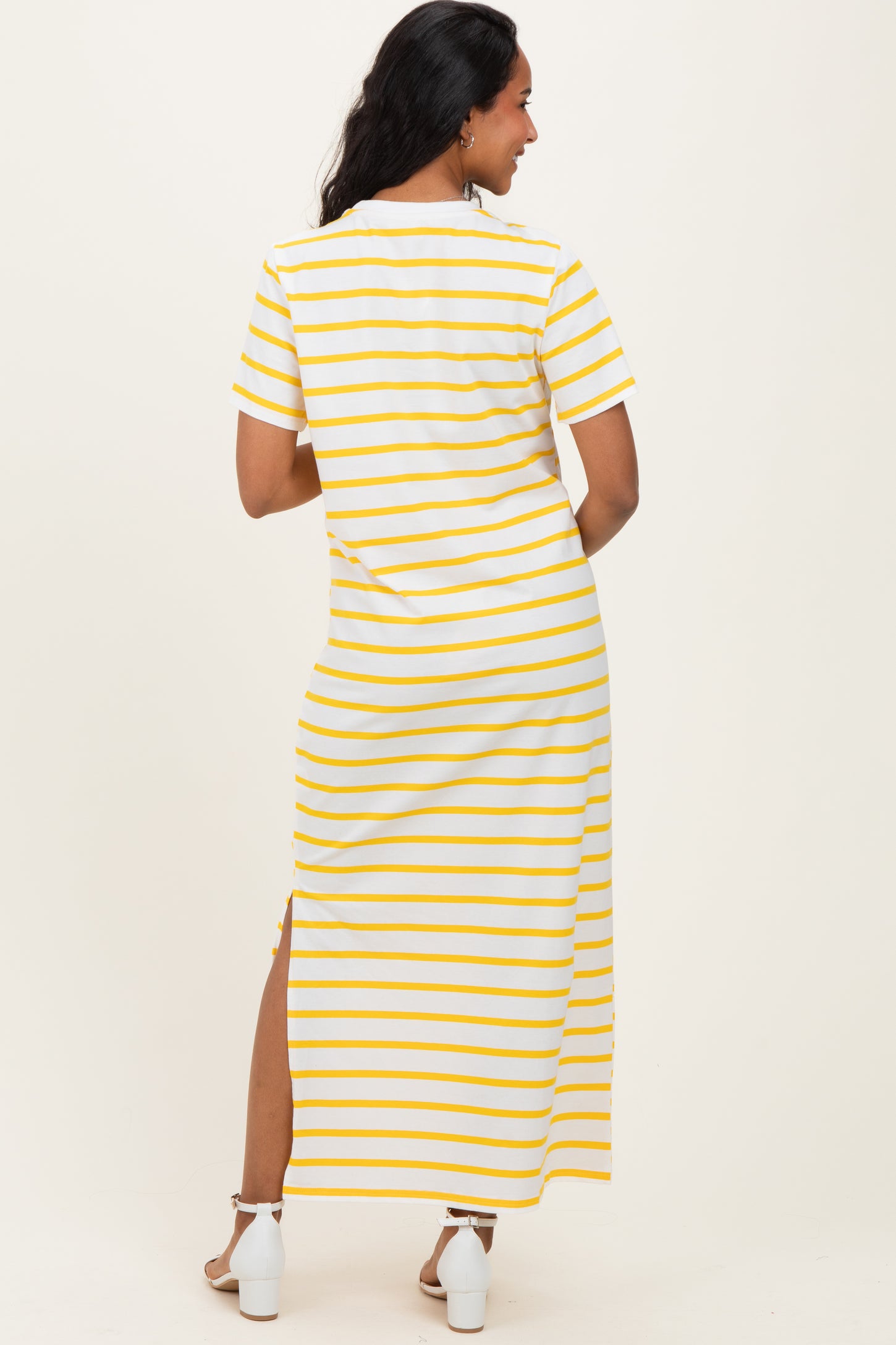 Yellow Striped Side Slit Maternity Maxi Dress