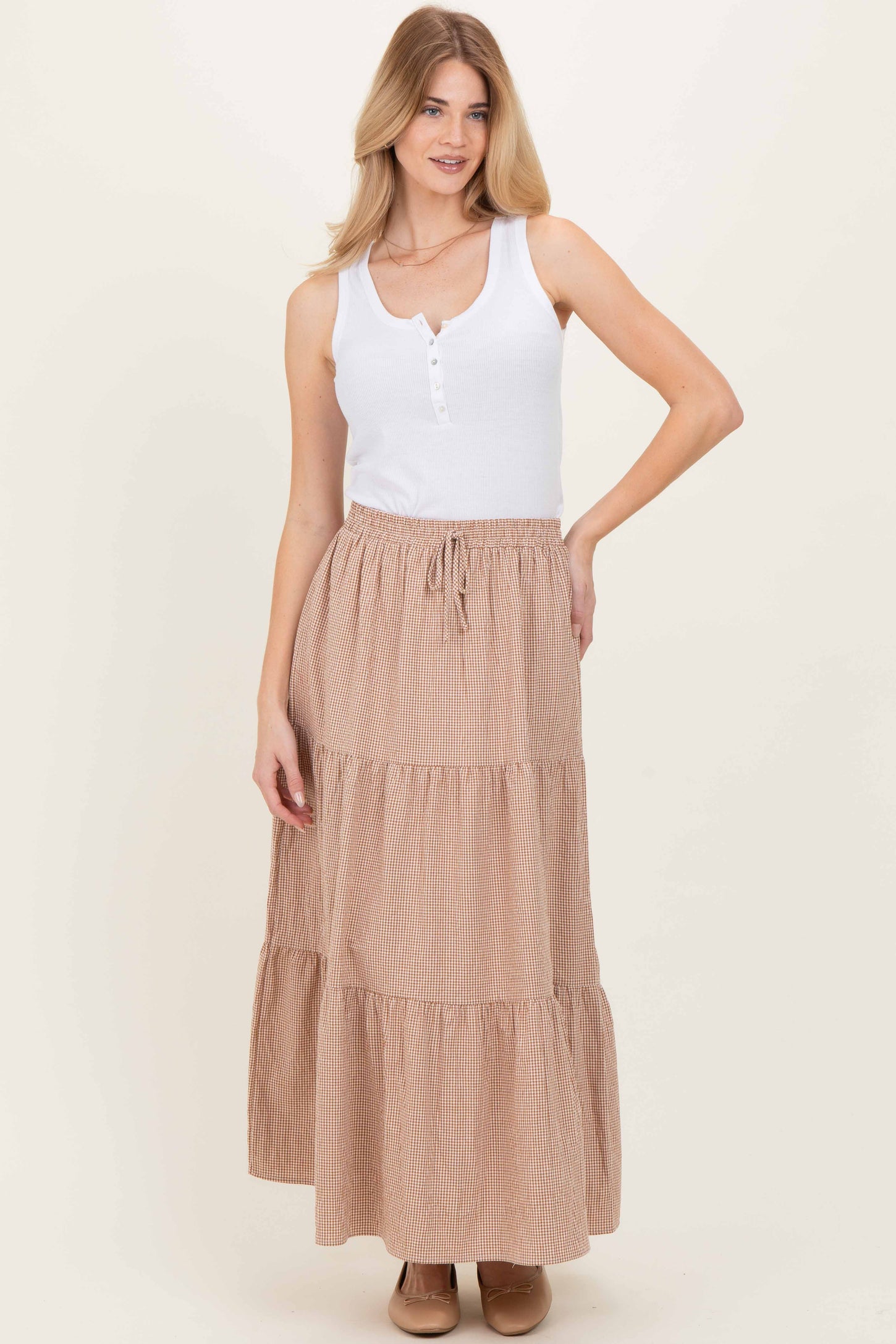 Taupe Gingham Tiered Maternity Maxi Skirt