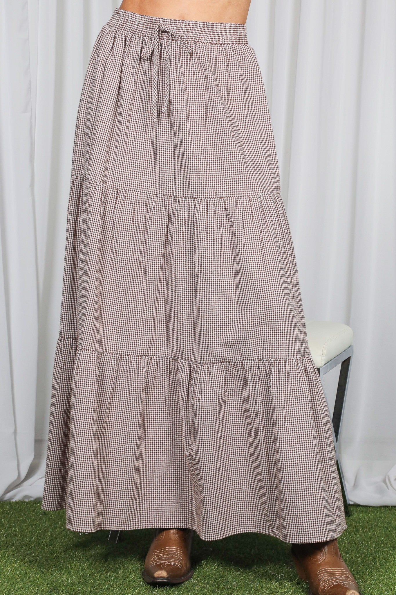Brown Gingham Tiered Maxi Skirt