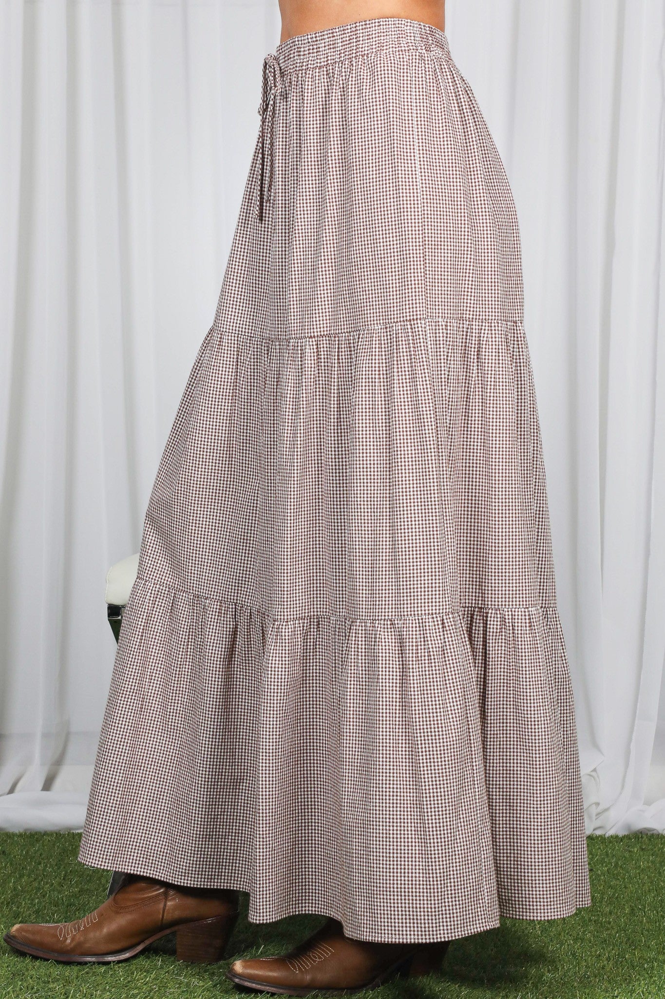 Brown Gingham Tiered Maxi Skirt