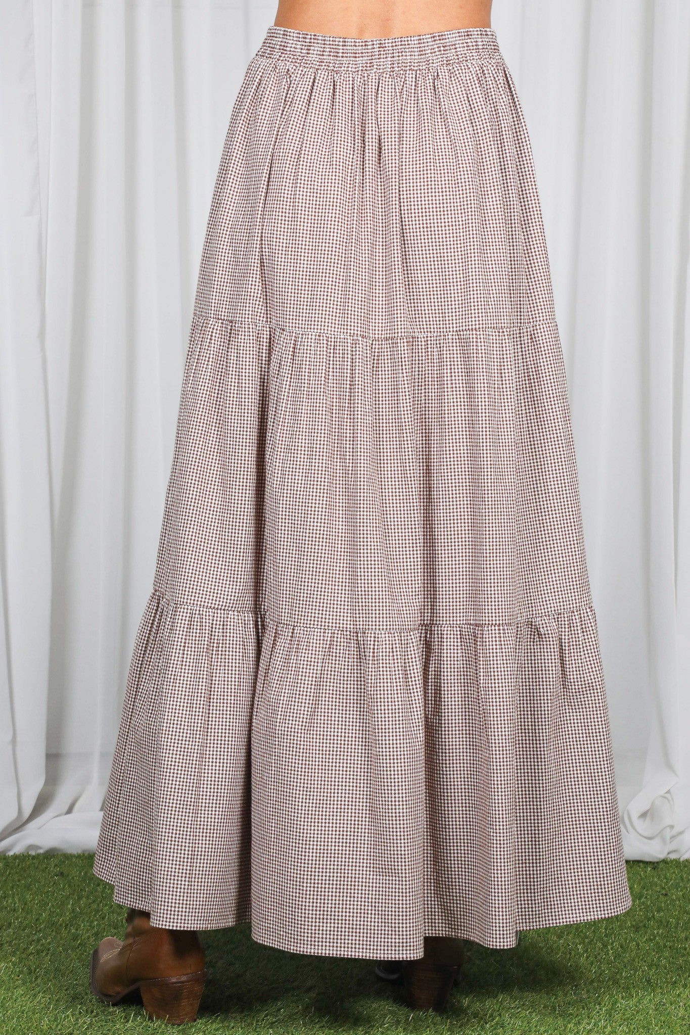 Brown Gingham Tiered Maxi Skirt