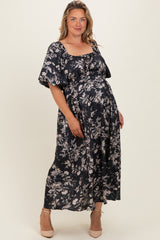 Black Floral Puff Sleeve Smocked Waist Maternity Plus Midi Dress