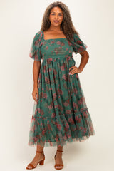 Forest Green Rose Print Tulle Overlay Plus Midi Dress
