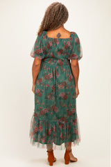 Forest Green Rose Print Tulle Overlay Plus Midi Dress