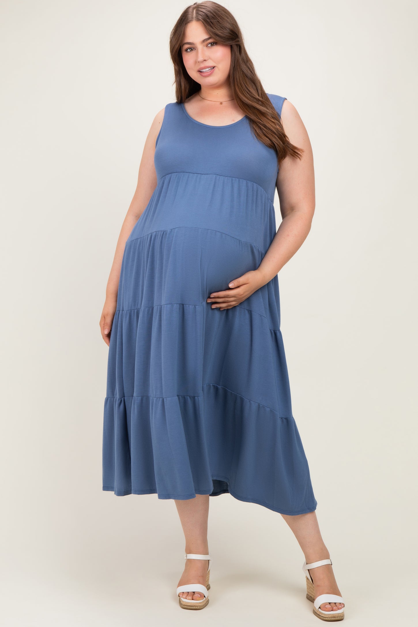 Blue Solid Tiered French Terry Maternity Plus Maxi Dress