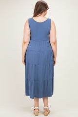 Blue Solid Tiered French Terry Maternity Plus Maxi Dress