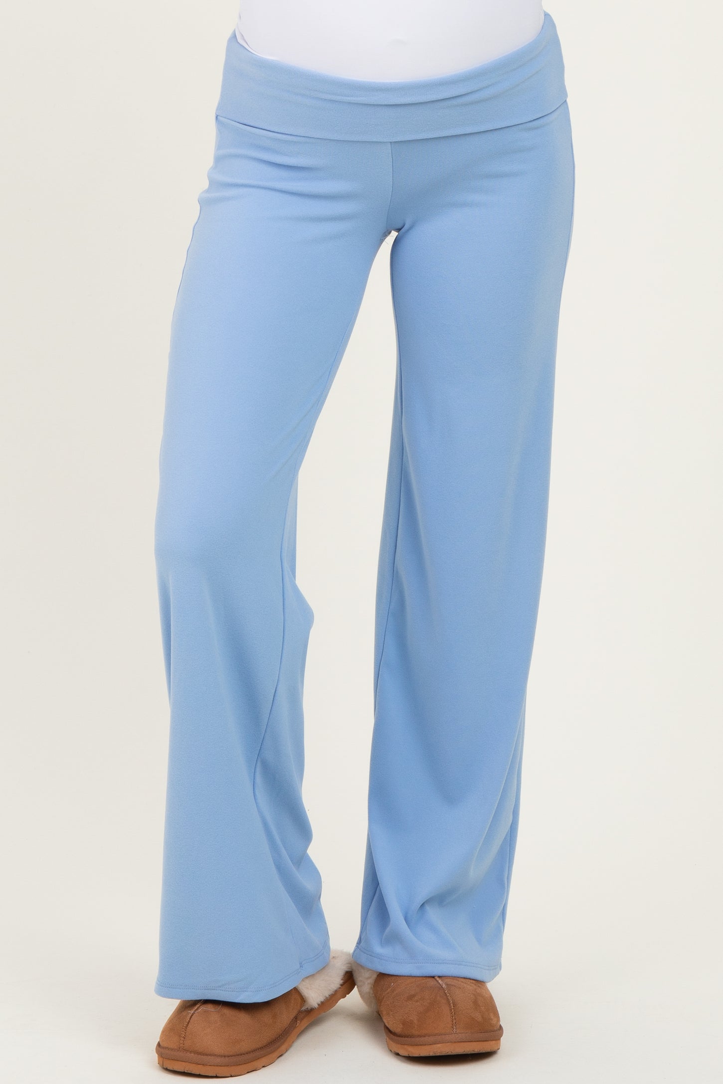 maternity wear light blue wide leg pants with a comfy waistband