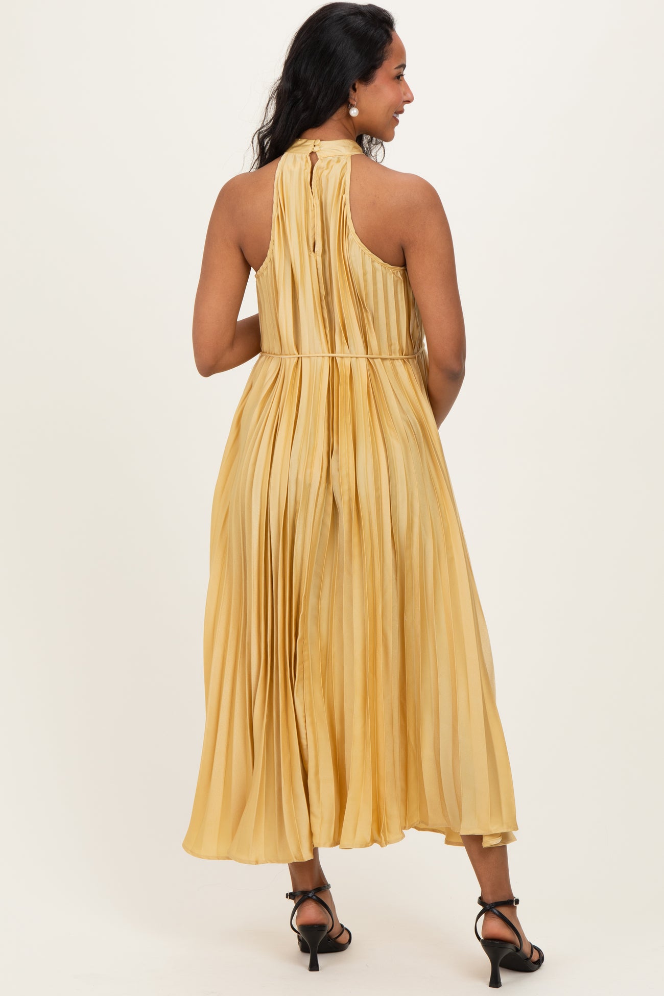Yellow Pleated Maternity Halter Dress