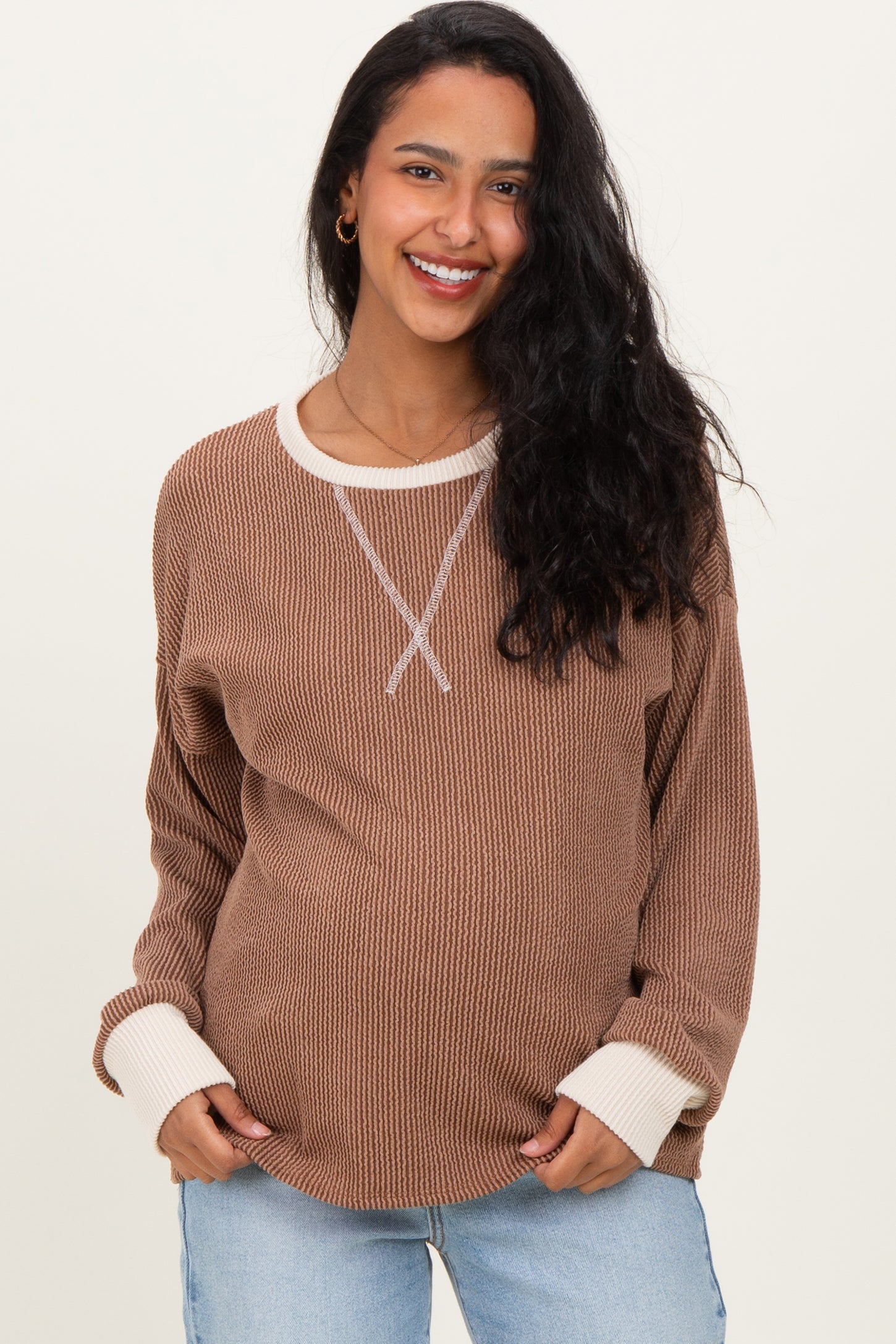 Brown Textured Rib Relaxed Fit Maternity Pullover Top