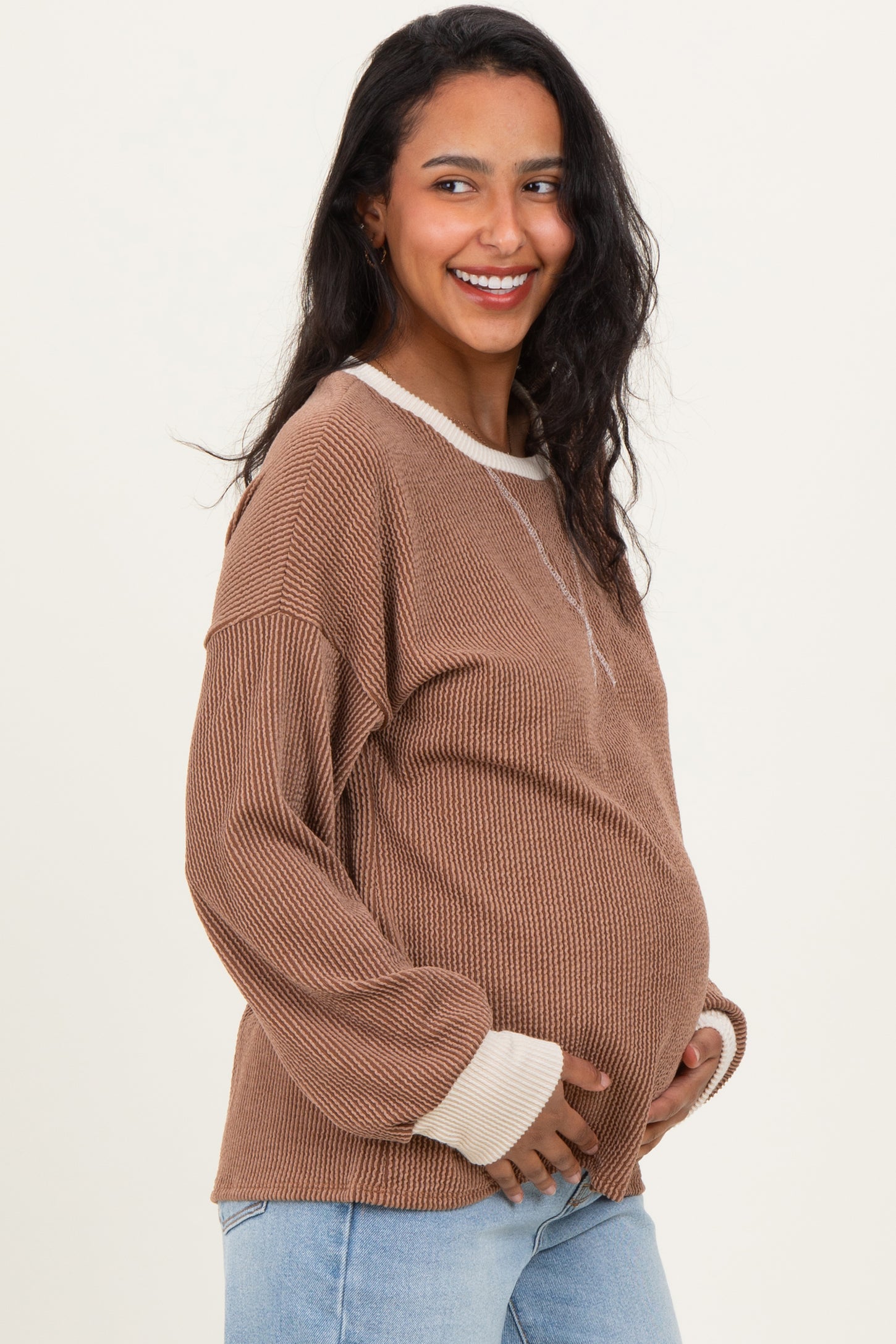 Brown Textured Rib Relaxed Fit Maternity Pullover Top